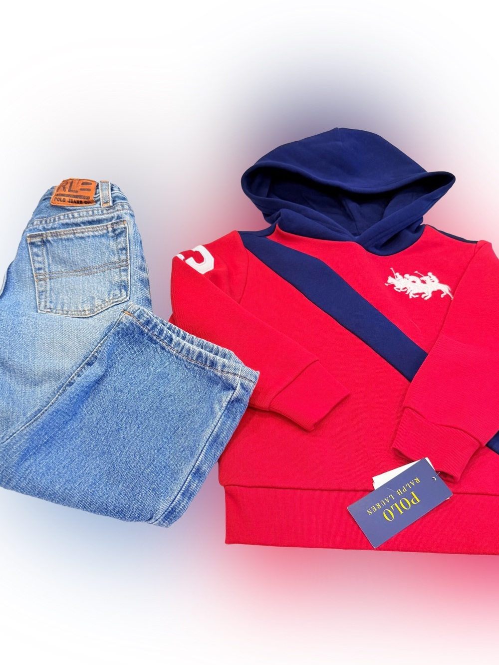 Ralph Lauren Boys 2 PCS Set Triple Pony Pullover Hoodie NWT/Blue Jeans Sz 4/4T